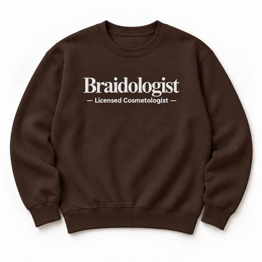 Braidologist embroidered crewneck — Licensed Cosmetologist — Dark Chocolate, iModel Apparel flat-lay mockup