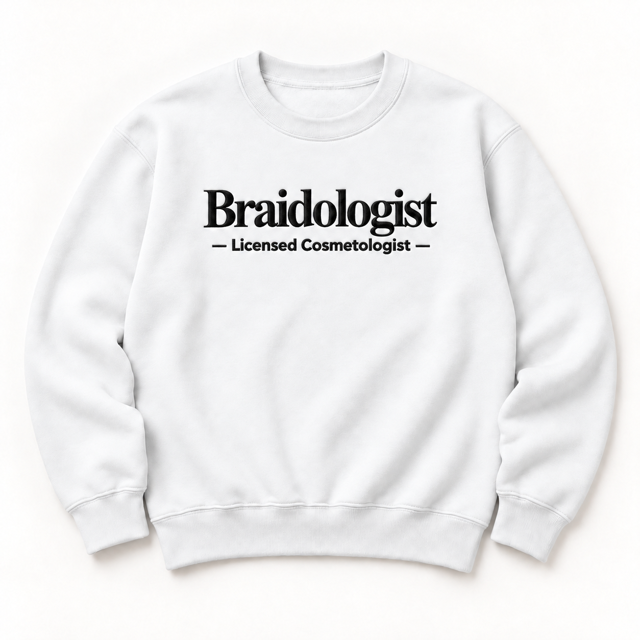 Braidologist embroidered crewneck — Licensed Cosmetologist — White, iModel Apparel flat-lay mockup