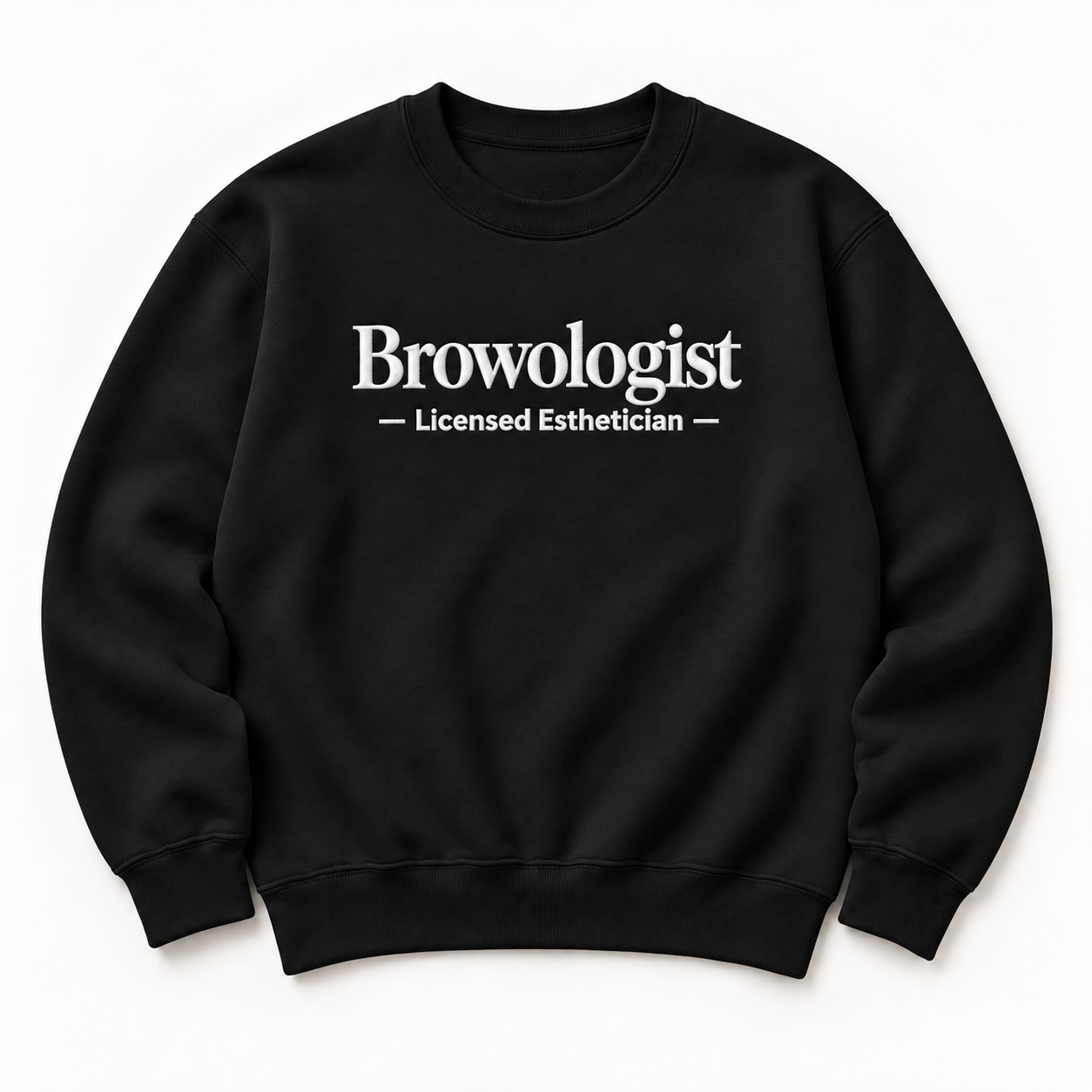 Browologist embroidered crewneck — Licensed Esthetician — Black, iModel Apparel flat-lay mockup