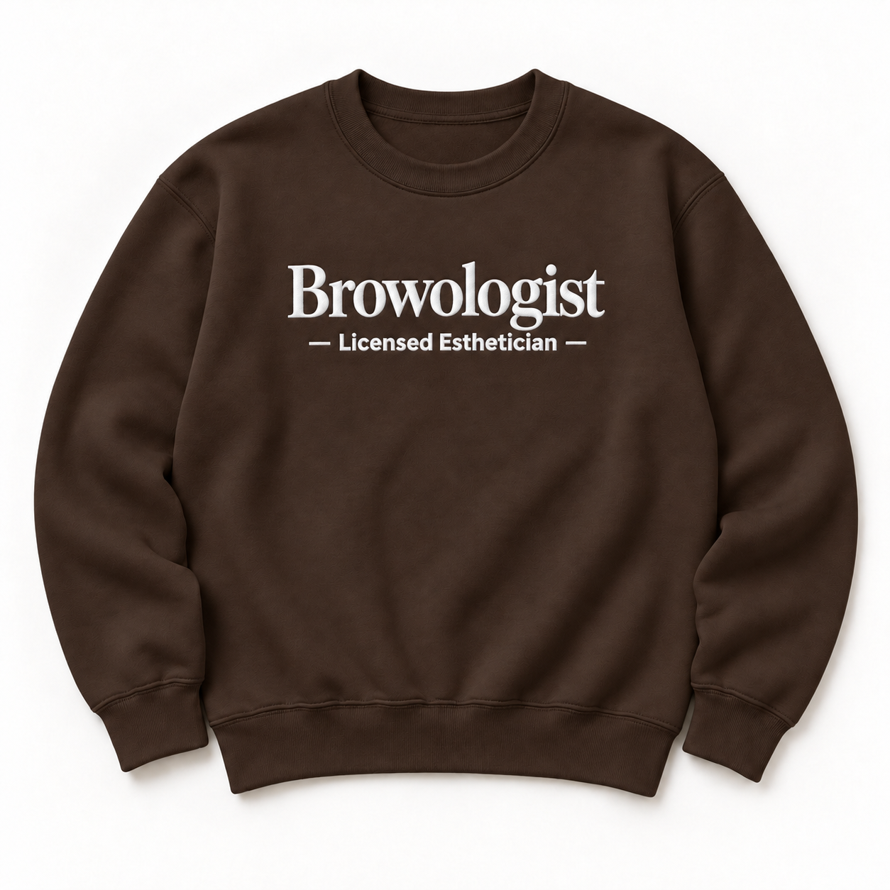 Browologist embroidered crewneck — Licensed Esthetician — Dark Chocolate, iModel Apparel flat-lay mockup