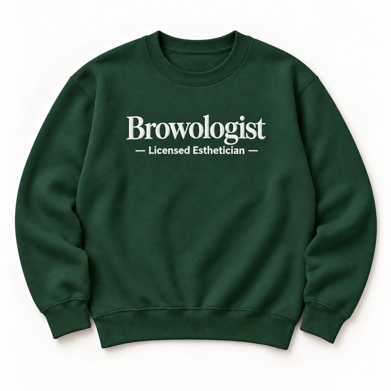 Browologist embroidered crewneck — Licensed Esthetician — Forest Green, iModel Apparel flat-lay mockup
