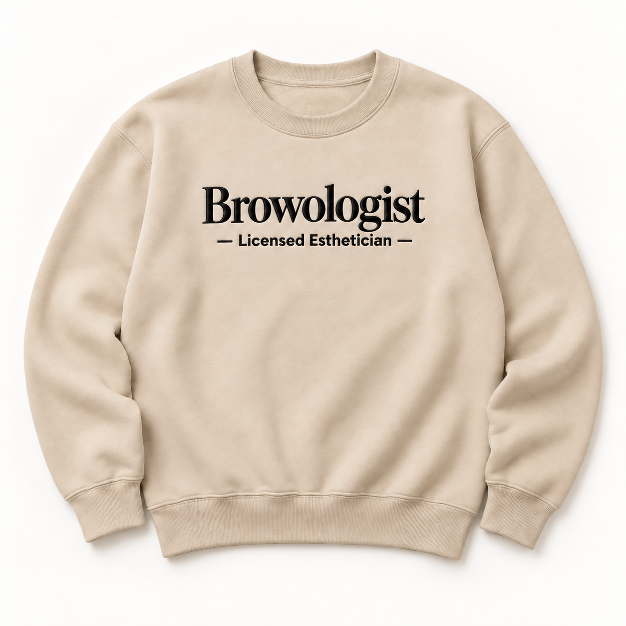 Browologist embroidered crewneck — Licensed Esthetician — Sand, iModel Apparel flat-lay mockup