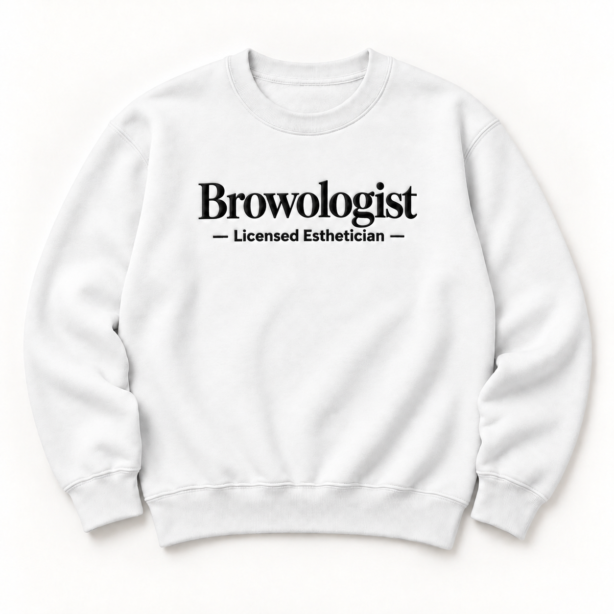 Browologist embroidered crewneck — Licensed Esthetician — White, iModel Apparel flat-lay mockup