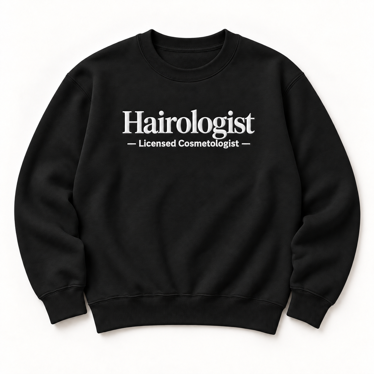 Hairologist embroidered crewneck — Licensed Cosmetologist — Black, iModel Apparel flat-lay mockup