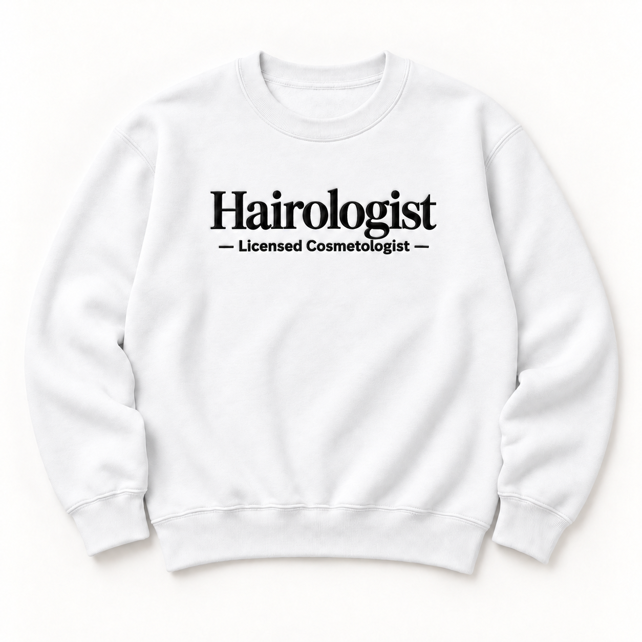 Hairologist embroidered crewneck — Licensed Cosmetologist — White, iModel Apparel flat-lay mockup