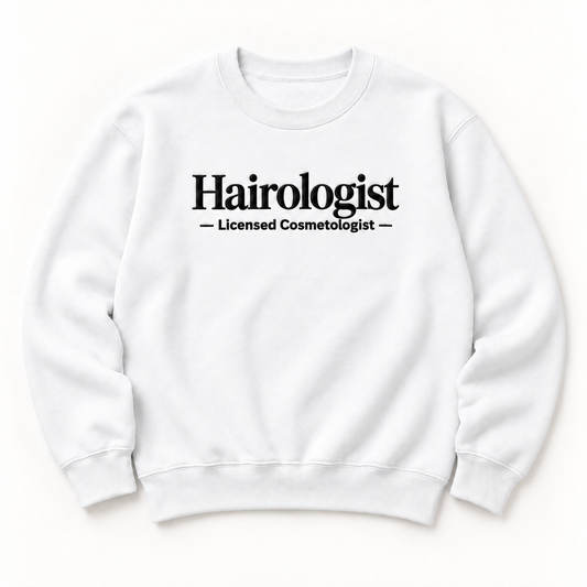 Hairologist embroidered crewneck — Licensed Cosmetologist — White, iModel Apparel flat-lay mockup