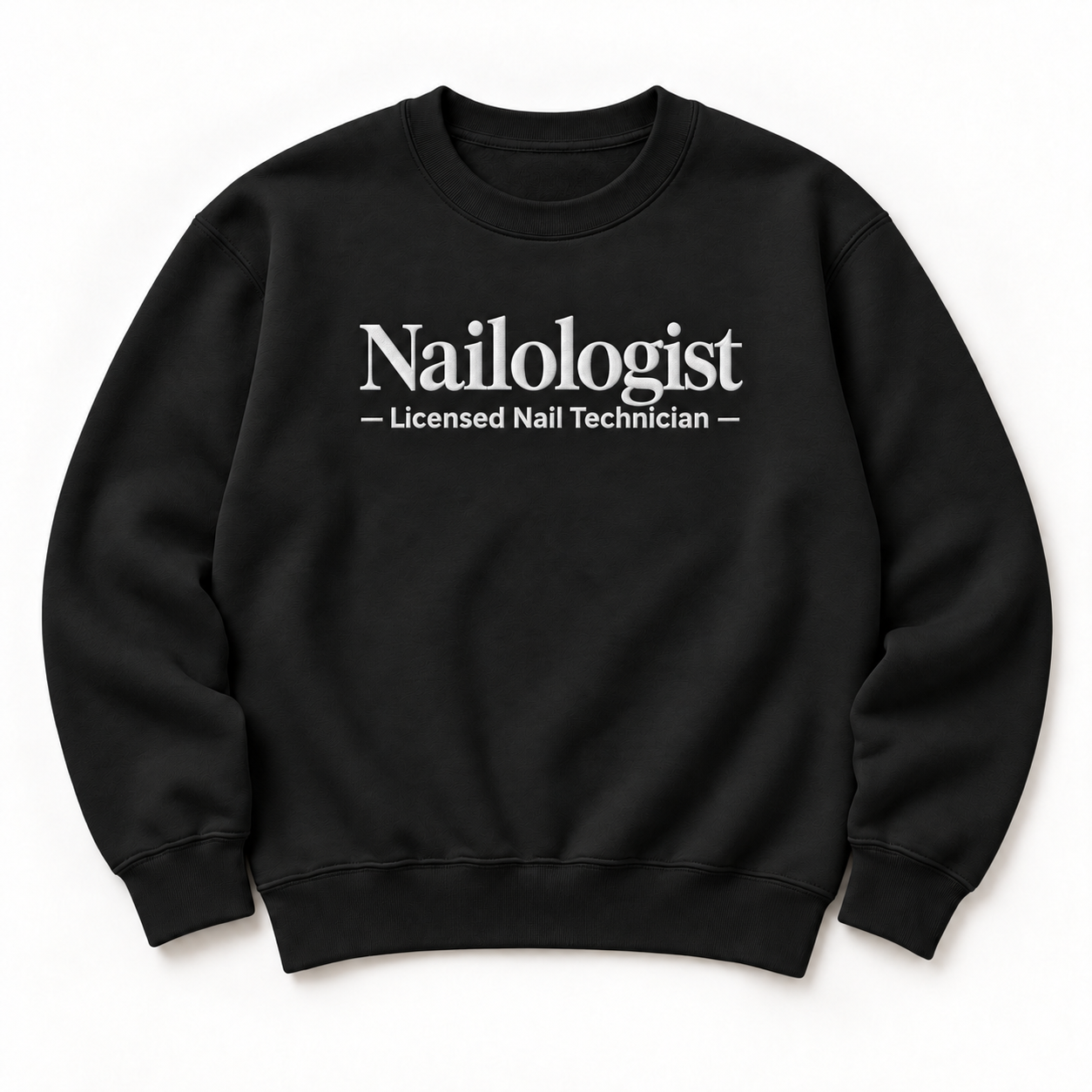 Nailologist embroidered crewneck — Licensed Nail Technician — Black, iModel Apparel flat-lay mockup