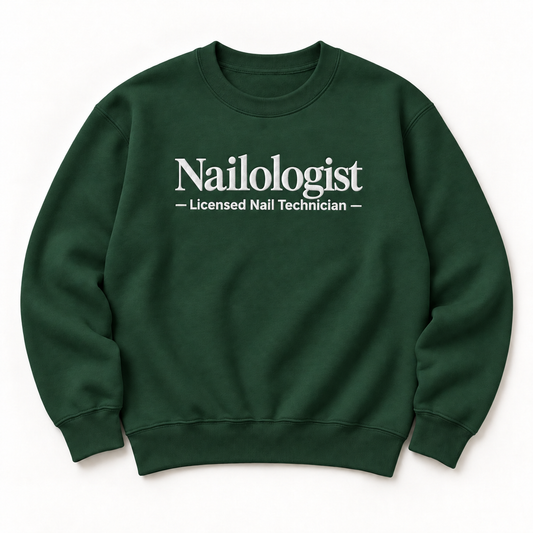 Nailologist embroidered crewneck — Licensed Nail Technician — Forest Green, iModel Apparel flat-lay mockup