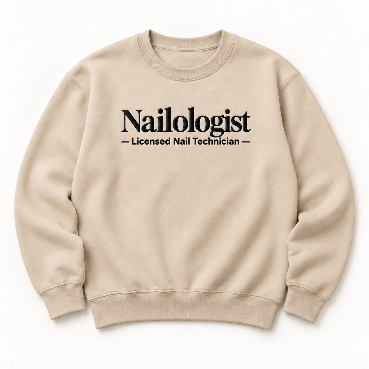 Nailologist embroidered crewneck — Licensed Nail Technician — Sand, iModel Apparel flat-lay mockup