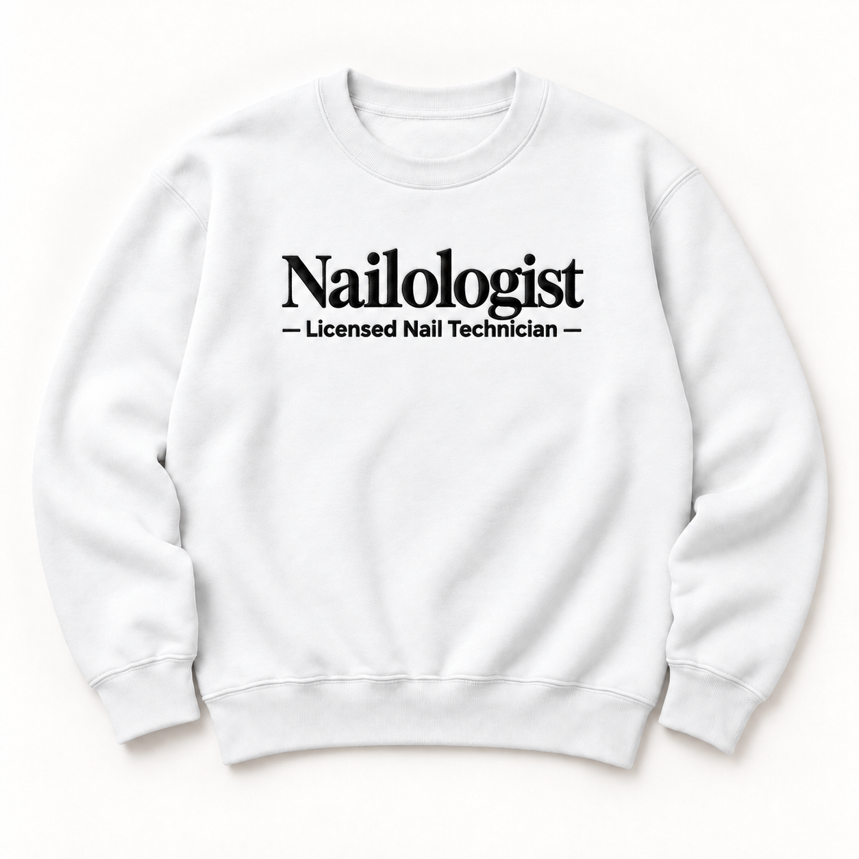 Nailologist embroidered crewneck — Licensed Nail Technician — White, iModel Apparel flat-lay mockup