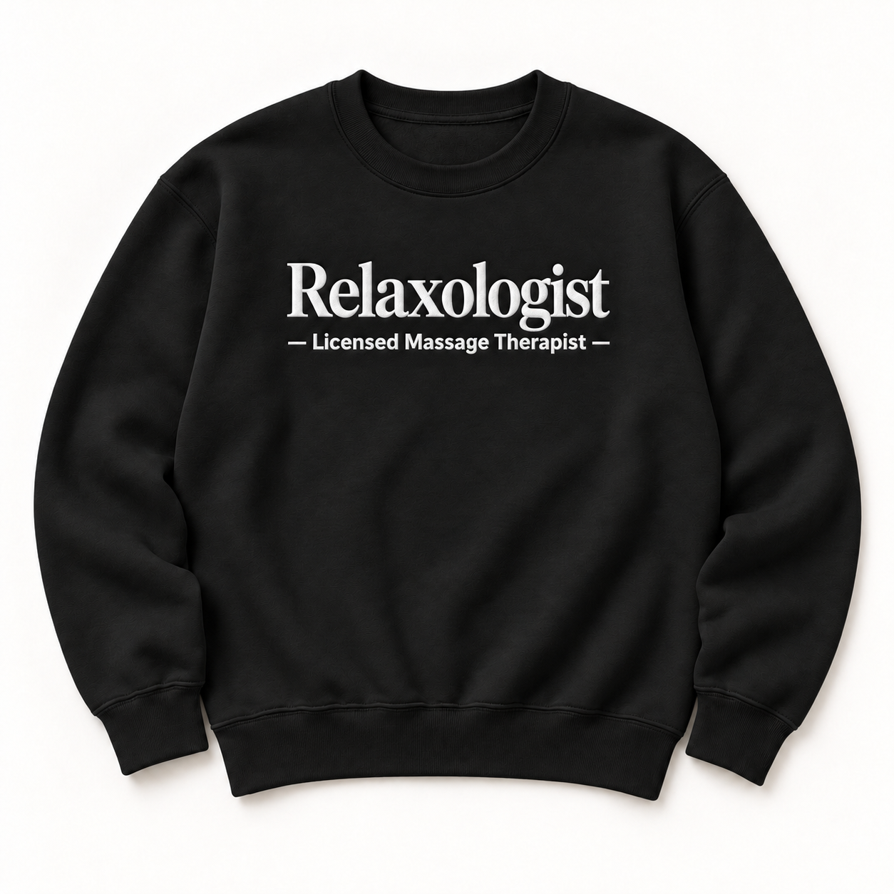 Relaxologist embroidered crewneck — Licensed Massage Therapist — Black, iModel Apparel flat-lay mockup