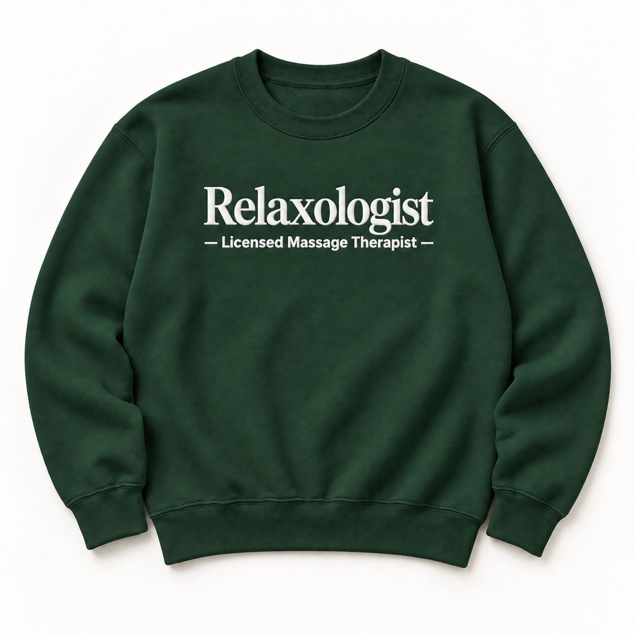 Relaxologist embroidered crewneck — Licensed Massage Therapist — Forest Green, iModel Apparel flat-lay mockup