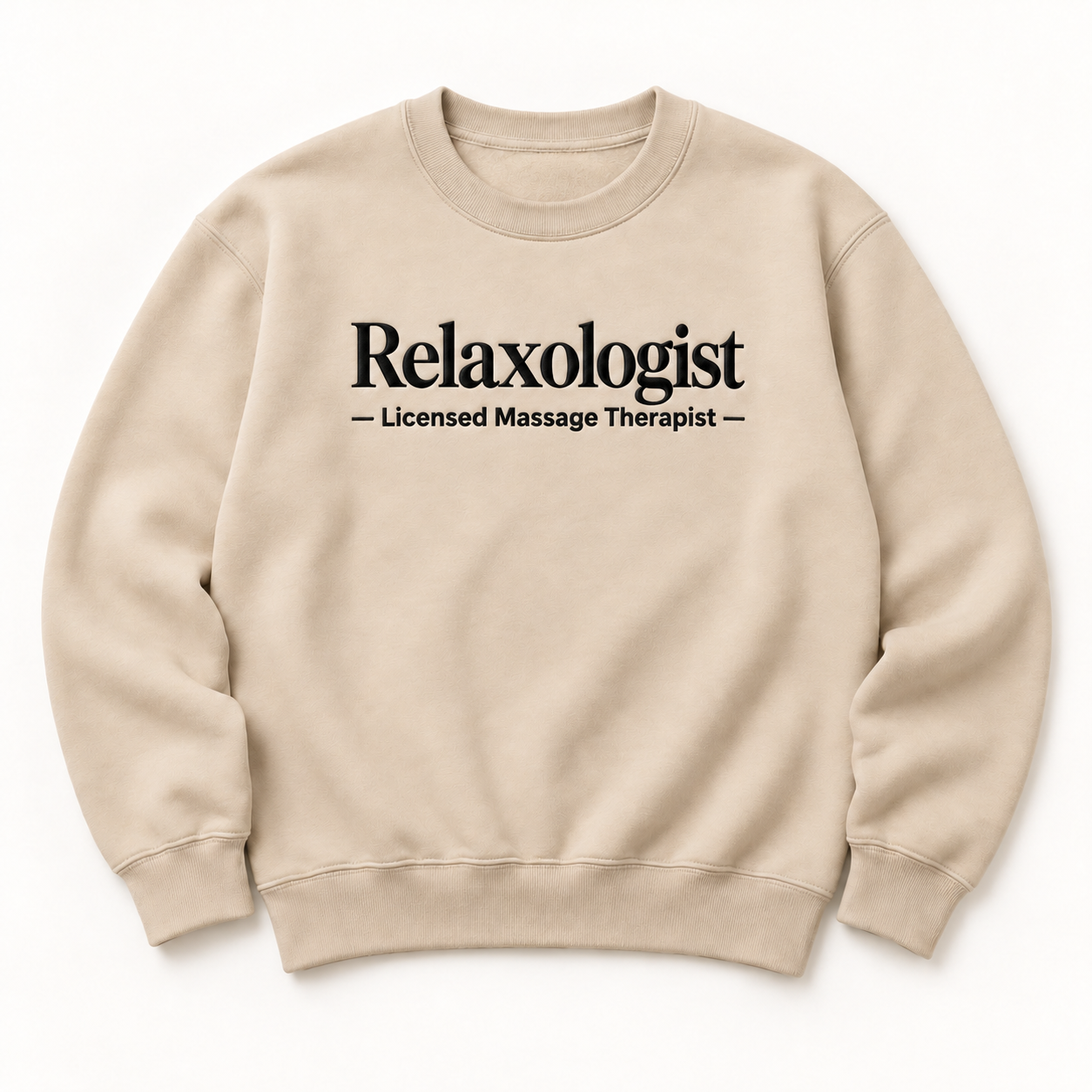 Relaxologist embroidered crewneck — Licensed Massage Therapist — Sand, iModel Apparel flat-lay mockup