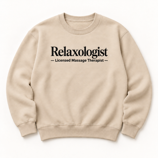 Relaxologist embroidered crewneck — Licensed Massage Therapist — Sand, iModel Apparel flat-lay mockup