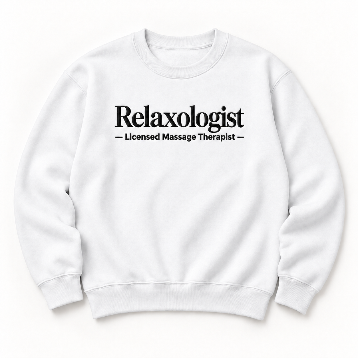 Relaxologist embroidered crewneck — Licensed Massage Therapist — White, iModel Apparel flat-lay mockup