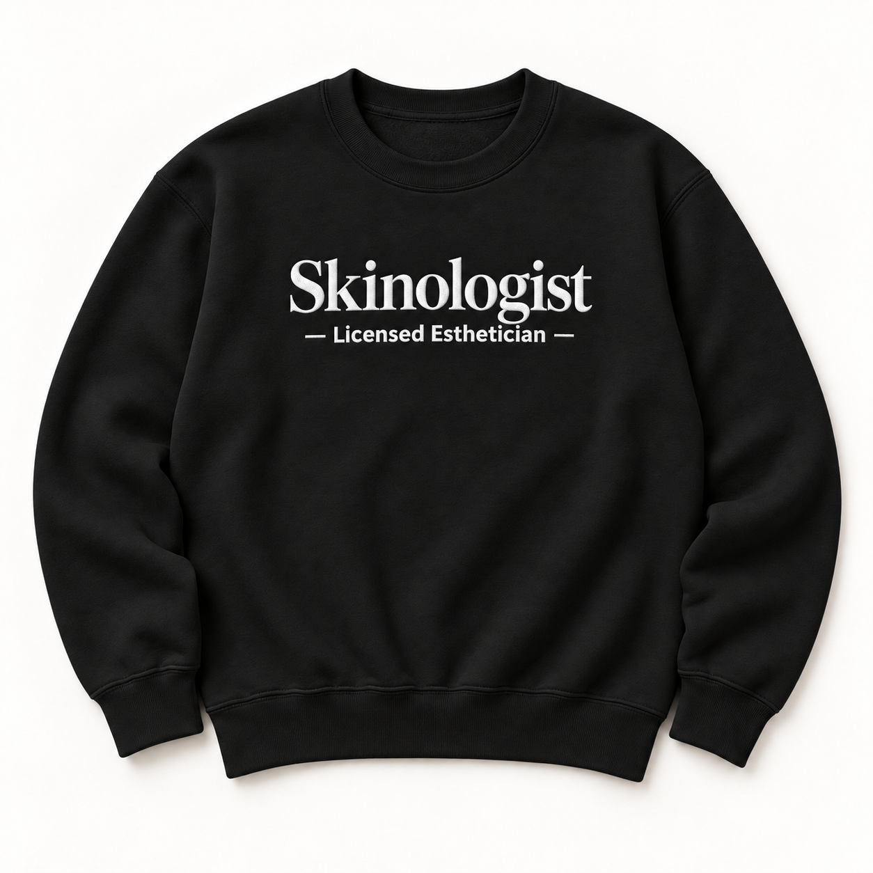 Skinologist embroidered crewneck — Licensed Esthetician — Black, iModel Apparel flat-lay mockup