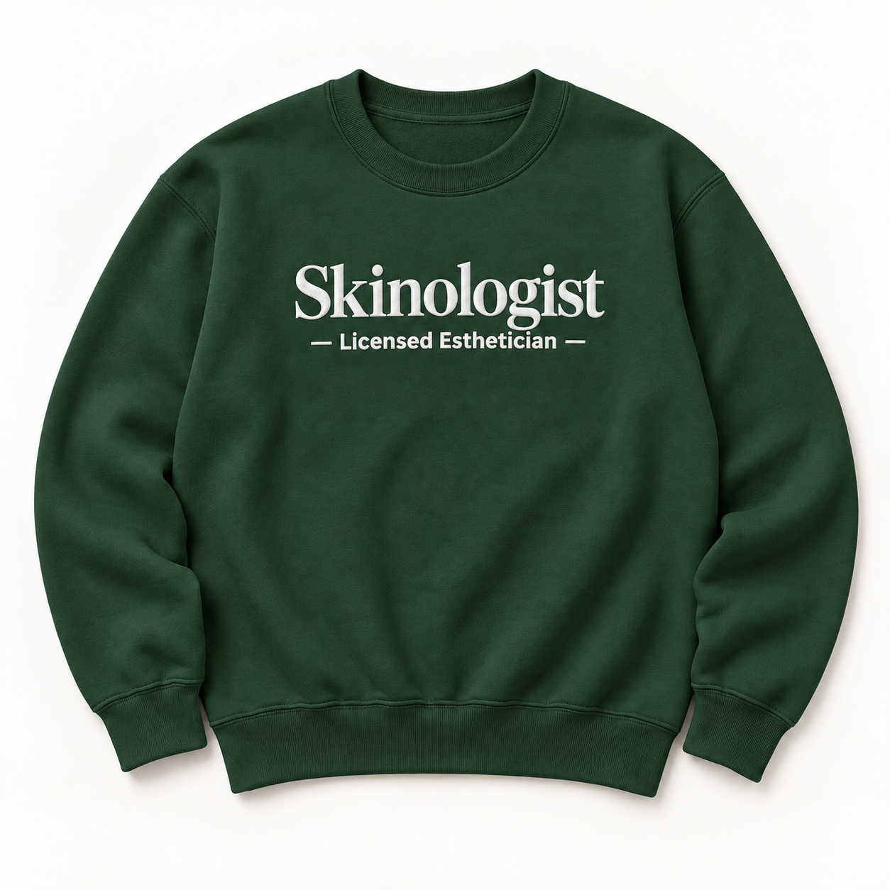 Skinologist embroidered crewneck — Licensed Esthetician — Forest Green, iModel Apparel flat-lay mockup
