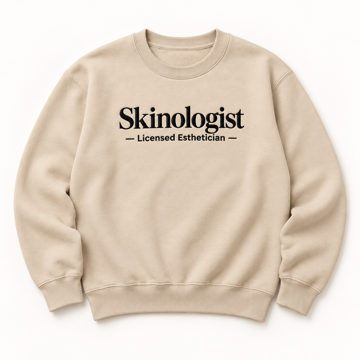 Skinologist embroidered crewneck — Licensed Esthetician — Sand, iModel Apparel flat-lay mockup