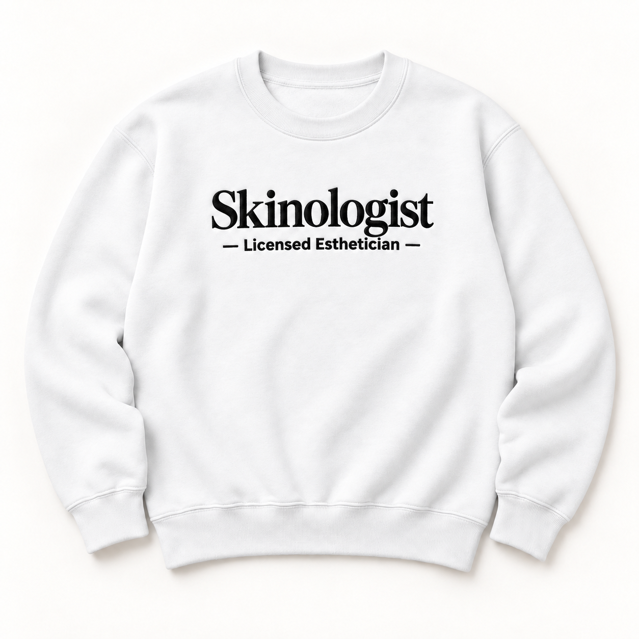 Skinologist embroidered crewneck — Licensed Esthetician — White, iModel Apparel flat-lay mockup