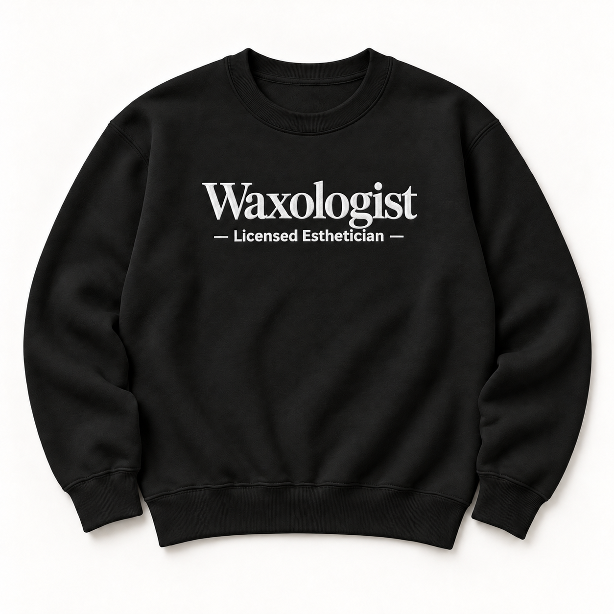Waxologist embroidered crewneck — Licensed Esthetician — Black, iModel Apparel flat-lay mockup