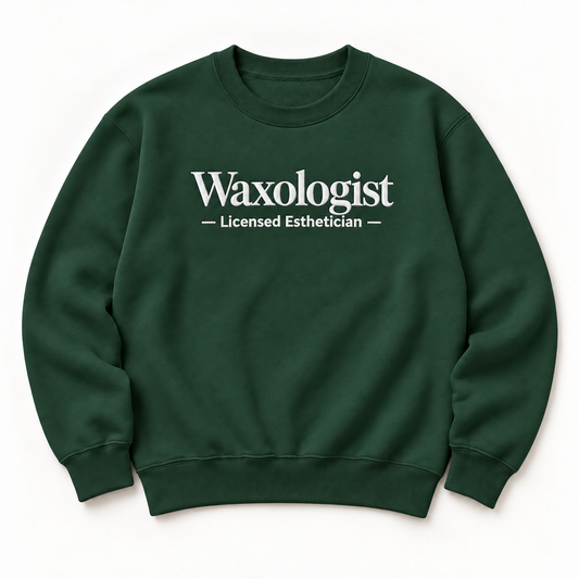 Waxologist embroidered crewneck — Licensed Esthetician — Forest Green, iModel Apparel flat-lay mockup
