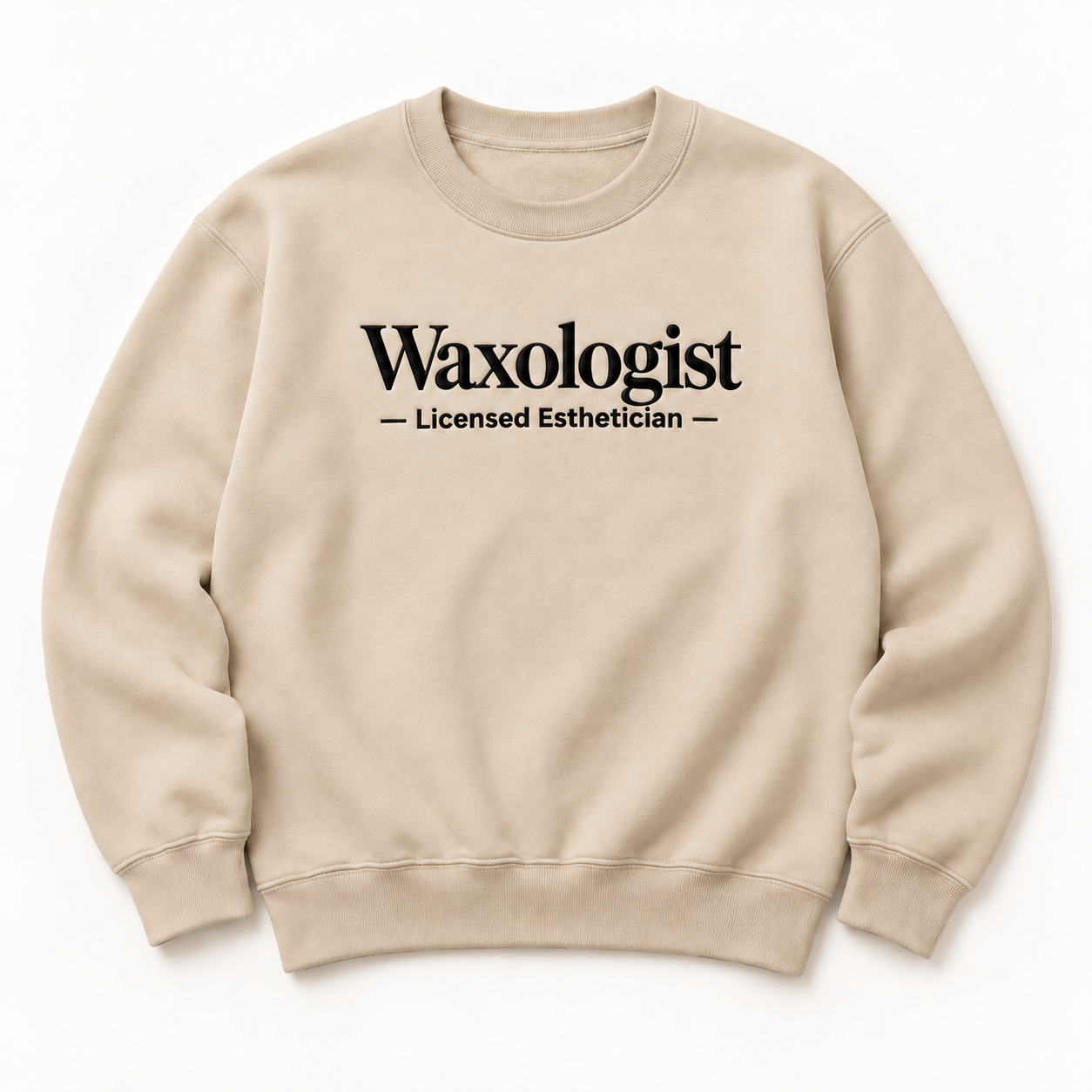 Waxologist embroidered crewneck — Licensed Esthetician — Sand, iModel Apparel flat-lay mockup