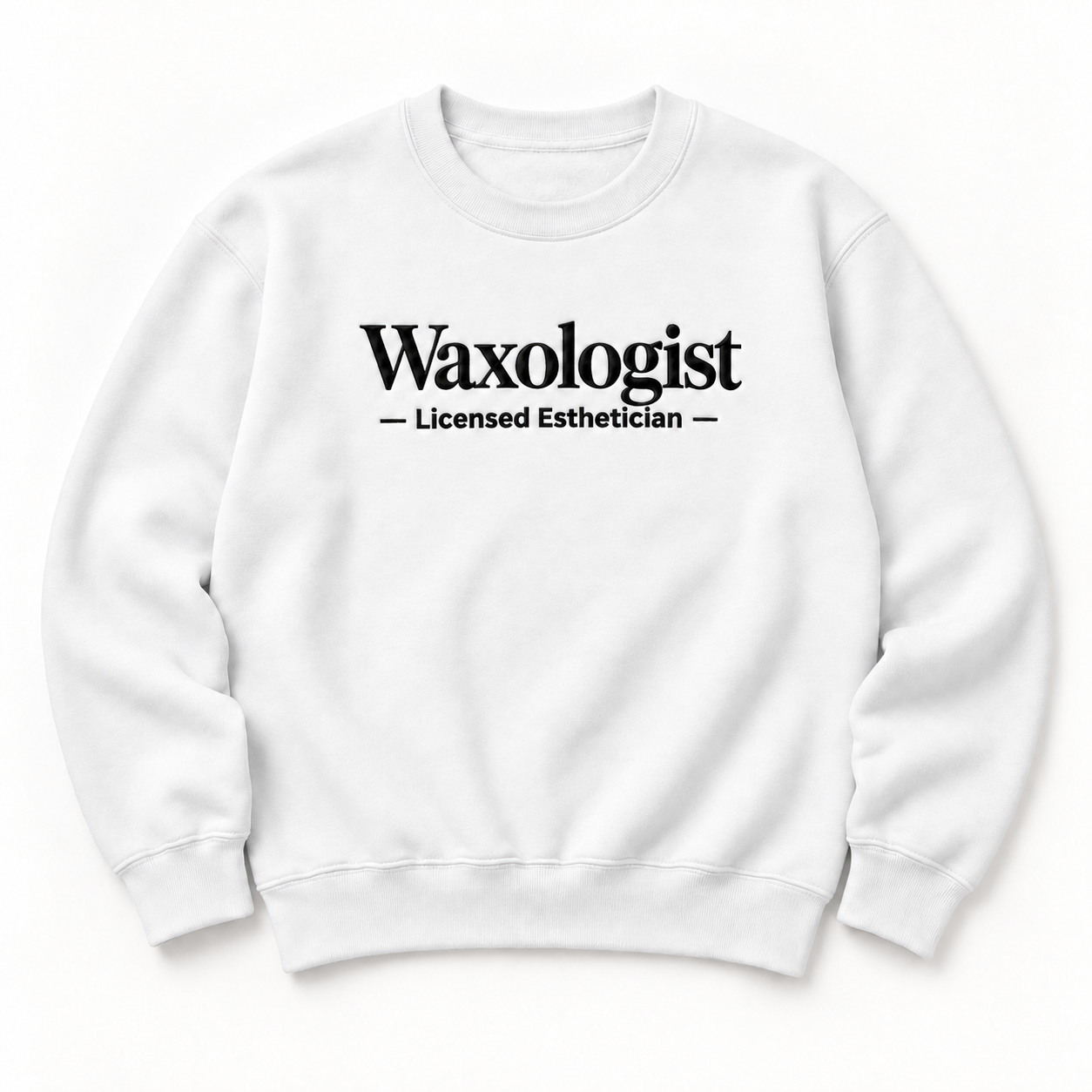 Waxologist embroidered crewneck — Licensed Esthetician — White, iModel Apparel flat-lay mockup