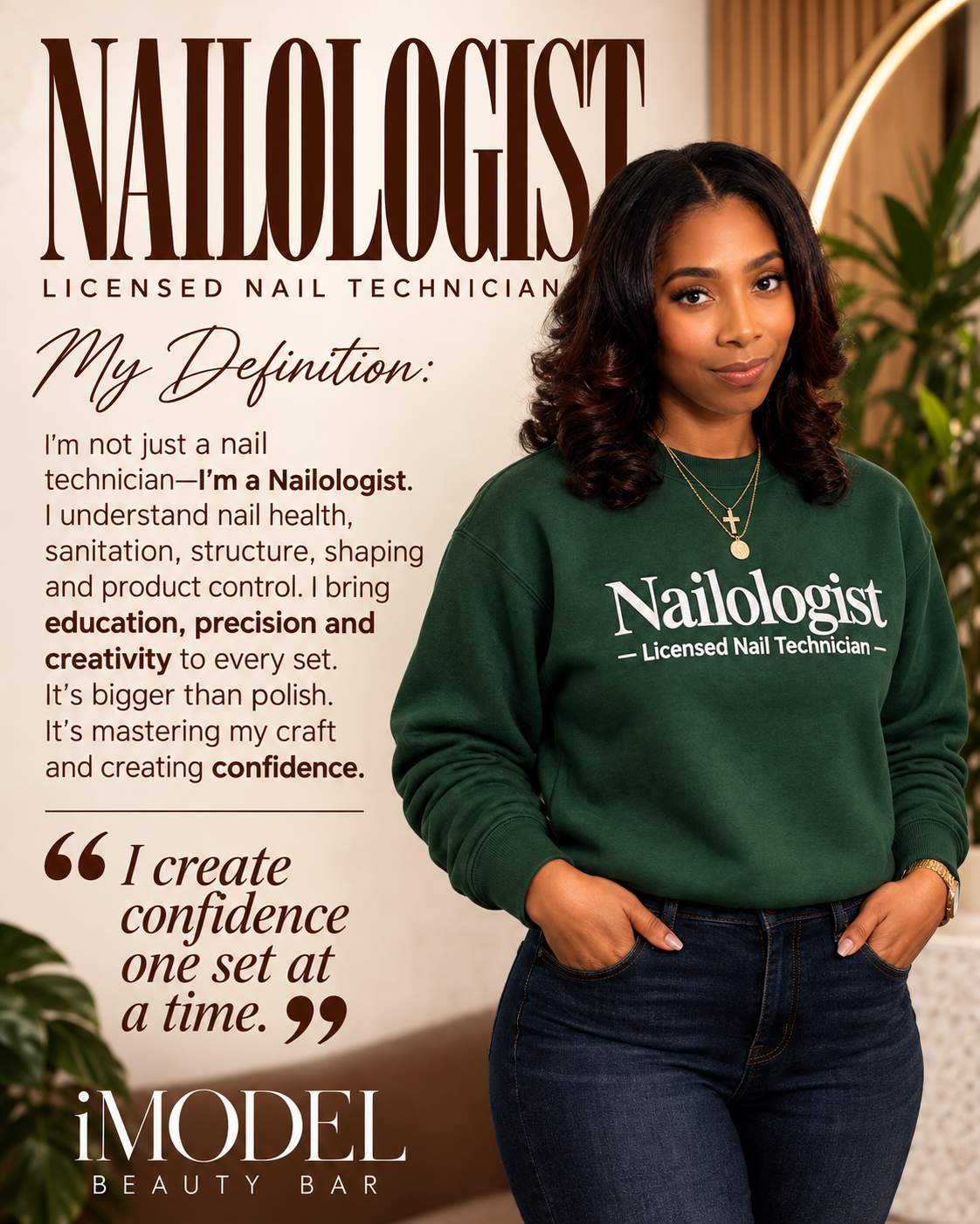 Nailologist — Licensed Nail Technician — My Definition campaign graphic featuring Forest Green crewneck